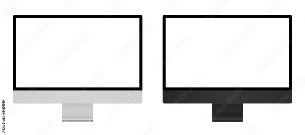Poster Two imac computer monitor with empty display, set device screen mockup, devices silver and black colors, blank screens - stock vector