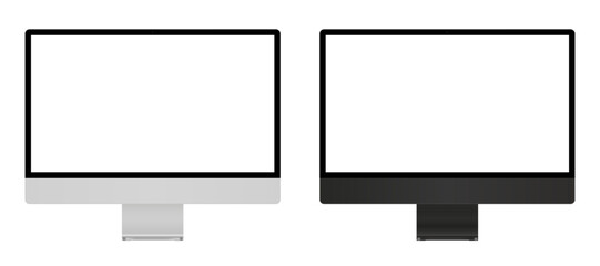 Two imac computer monitor with empty display, set device screen mockup, devices silver and black colors, blank screens - stock vector - obrazy, fototapety, plakaty