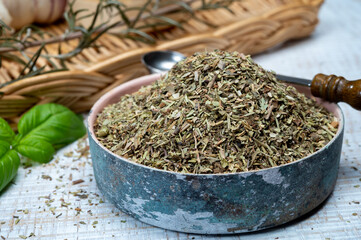 Fototapeta na wymiar Herbes de Provence, mixture of dried herbs typical of the Provence region, blends often contain savory, marjoram, rosemary, thyme, oregano, lavender leaves, used with grilled food and stew