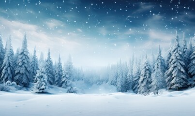 Beautiful snowy landscape with fields and trees covered in snow