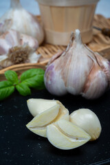Cooking with dried French garlic. Red garlic. Violet garlic.