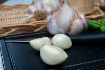 Cooking with dried French garlic. Red garlic. Violet garlic.