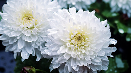 White chrysanthemums blooming in the garden during the rain. - obrazy, fototapety, plakaty