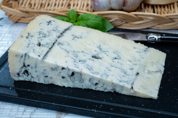 Italian food, buttery or firm blue cheese made from cow milk in Gorgonzola, Milan, Italy
