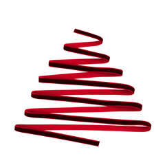 Red Christmas tree made of plush ribbon on transparent background or PNG file. Clipping path.