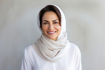 Middle age woman with white headscarf posing in front of a wall