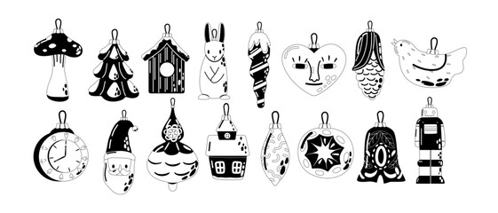 Black and White Festive Toys for Christmas Tree. Baubles, Lights, Heart and Clock, Icicles, Mushroom and Santa Trinkets