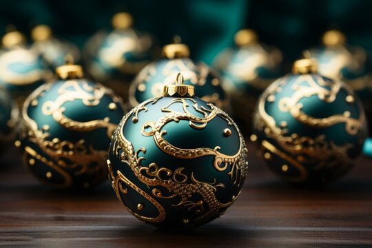 Christmas and New Year eve background. Green Christmas balls with gold relief image