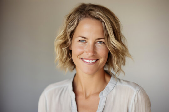 Portrait of a smiling middle age blonde woman isolated against a wall.