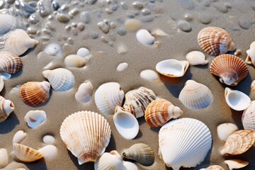Fototapeta na wymiar Seashells Scattered Onsandy Beach