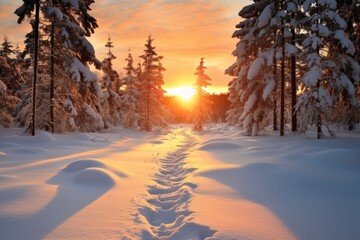 Snowy Trees And Footprints With Sunset Backdrop