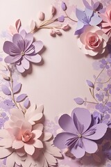 Fototapeta na wymiar Floral elements on a basic purple paper texture background. Background for party, birthday, wedding or graduation invitation card in purple color with floral elements in soft art style.