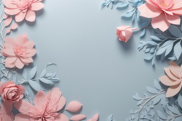 Fototapeta na wymiar Floral elements on a basic blue paper texture background. Background for party, birthday, wedding or graduation invitation card in blue color with floral elements in soft art style.
