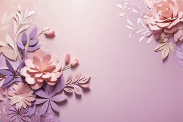 Floral elements on a basic purple paper texture background. Background for party, birthday, wedding or graduation invitation card in purple color with floral elements in soft art style.