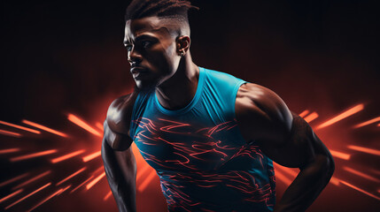 Sports portrait of a black man in action, an image of great dynamism and visual impact. Competition sport advertising concept. volumetric lighting with dark background.