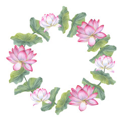 Wreath with blooming pink white lotus, leaves. Water Lily. Indian lotus, green leaf, sacred lotus. Watercolor illustration. Space for text. Hand drawn composition for poster, cards, greeting
