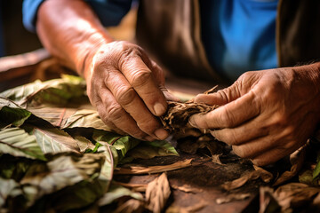 Sabiduría entre Hojas: El Arte Tradicional del Trabajo del Tabaco - obrazy, fototapety, plakaty