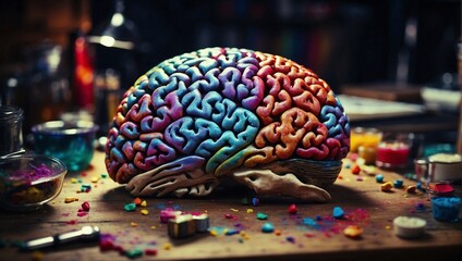 Plastic model of the human brain with multi-colored segments on a wooden table.