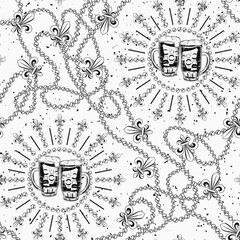 Seamless Mardi Gras pattern with full glasses of beer, strings of beads, trinket, Fleur de Lis sign. Festive holiday design on white textured background. Not AI