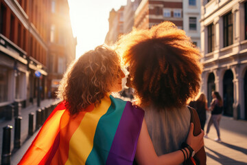 Two Friends Carrying Lgbt Pride Flag In The City