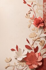Floral elements on a basic beige paper texture background. Background for party, birthday, wedding or graduation invitation card in beige color with floral elements in soft art style.