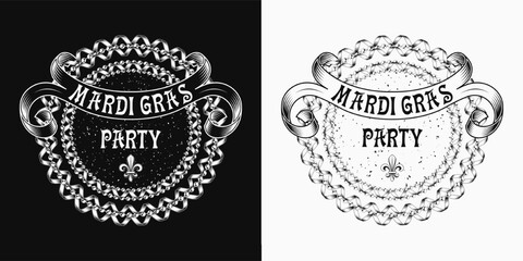 Circular label with strings of beads, party streamer, fleur de lis sign, twisted ribbon with text Vintage illustration for Mardi Gras carnival For prints, clothing, t shirt, holiday goods stuff design - obrazy, fototapety, plakaty