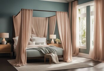 A serene bedroom with a canopy bed, soft linen drapes, and a pastel color palette