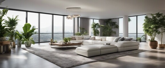 A spacious living room with a stunning white sectional, floor-to-ceiling windows offering a panorami