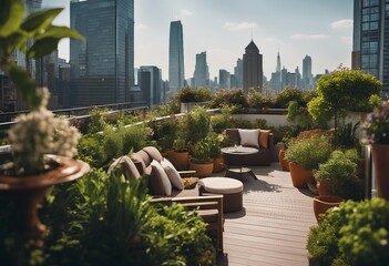 A lush rooftop garden with panoramic views of the city, comfortable seating areas, and an array