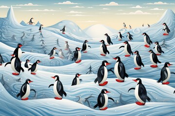 A playful pattern of skating penguins and snowmen in a winter wonderland