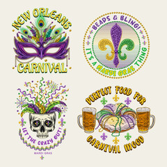 Carnival Mardi Gras labels with luxury mask, skull, holiday food, Fleur de Lis sign, text Vintage illustrations on white background. For prints, clothing, t shirt, holiday goods, stuff, surface design