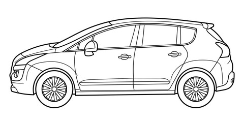 Classic compact van car. Side view shot. Outline doodle vector illustration