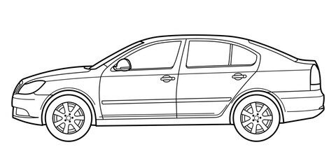 Classic business luxary class sedan car. 4 door car on white background. Side view shot. Outline doodle vector illustration	
