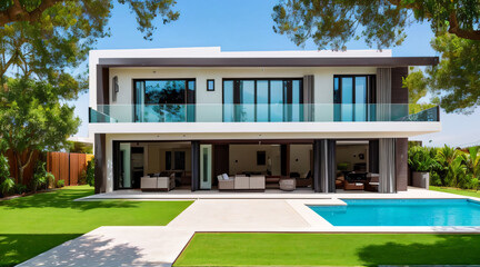 Modern luxury two-story house with a large green lawn, swimming pool, and glass balconies under a clear blue sky, ideal for real estate and architectural design concepts.