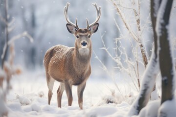 A lone deer standing in a snow-covered meadow during a snowfall