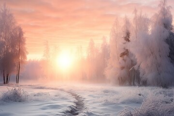 Obraz na płótnie Canvas Winter landscape with hoarfrost-covered trees and a misty sunrise