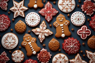 Pattern of Christmas cookies in various shapes and icing designs