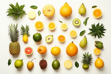 Different types of tropical fruits on a white background