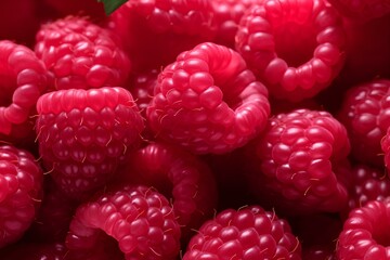 Background with juicy red raspberries, close-up view from above.