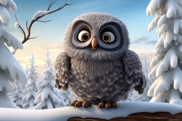 Owl sitting on a branch in a snowy forest - 3d render, 3D cartoon illustration of a great grey owl in the winter, AI Generated - Powered by Adobe