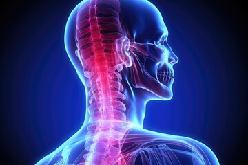 Human skeleton anatomy, x-ray image, 3D illustration, 3D illustration of neck pain, cervical spine skeleton x-ray, medical concept, AI Generated