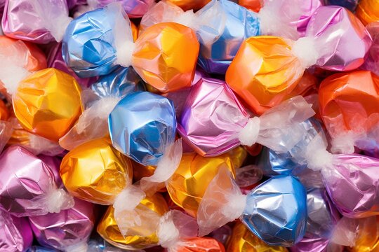 Background with bright sweet candies, close-up view from above.