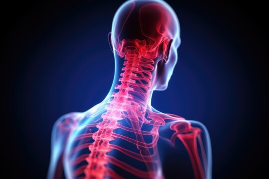 X-Ray image of human body on dark background. 3D rendering, 3D illustration of neck pain, cervical spine skeleton x-ray, medical concept, AI Generated