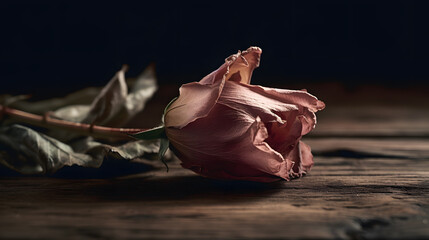 Withered Elegance: A Faded Rose Reposing on a Rustic Wooden SurfaceAI generativ - obrazy, fototapety, plakaty
