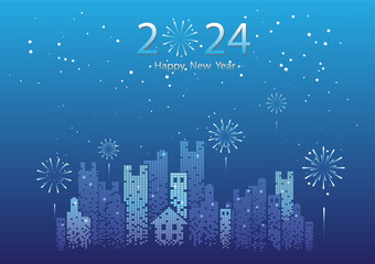Naklejka na ściany i meble Happy new year and Christmas. Number 2024 with light, falling snowfall and firework on dark blue and white beautiful background. Vector illustration.