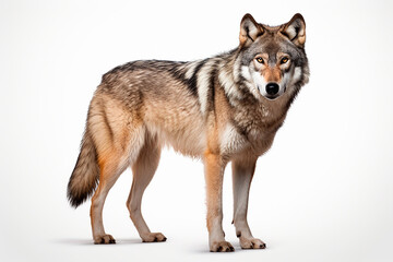 Fototapeta premium Wolf standing on a white background. Beautiful animal right-side portrait