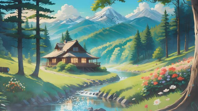 landscape in the mountains with a lake and house. Cartoon or Japanese anime illustration painting style. seamless looping 4K virtual video animation background