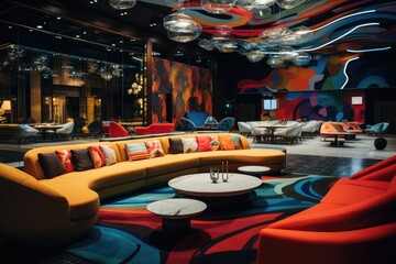 Interior of a modern hotel lobby with orange sofas, A decorated night club with stylish couches and colorful cocktail tables, AI Generated