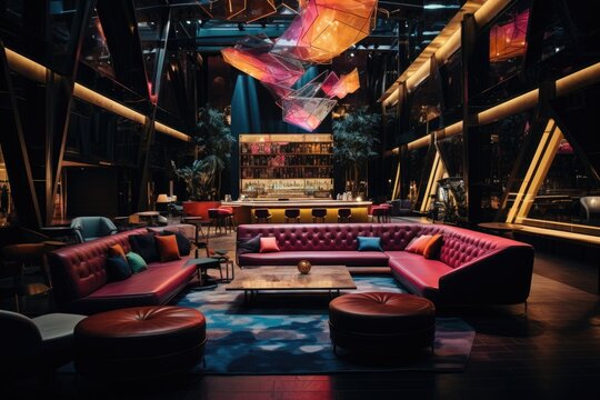 Luxury interior of a night club with sofas and tables, A decorated night club with stylish couches and colorful cocktail tables, AI Generated