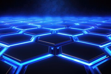 Fototapeta premium Blue glowing hexagons on dark background. 3d render digital illustration, 3D rendering of an abstract hexagon background with blue neon lights, AI Generated
